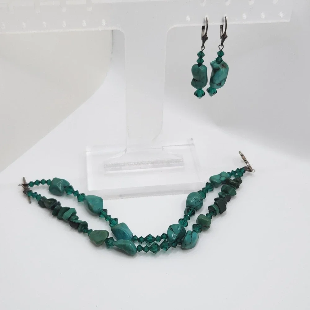 Boho‎ Turquoise Malachite 925 Sterling Silver Bracelet Earrings Set Green Glass